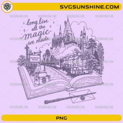 Harry Potter Hogwarts Castle PNG featuring magical train, open book, owl, wand, envelope, and castle line art