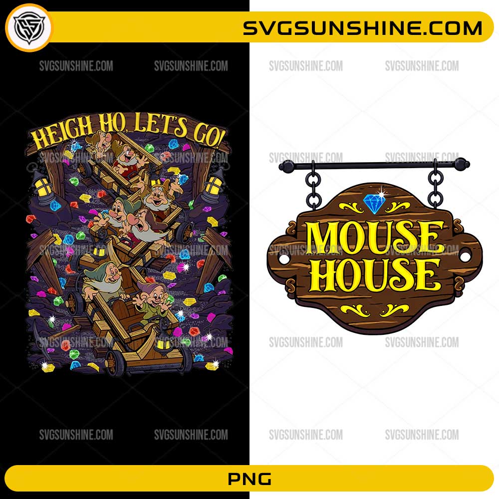 Heigh Ho Let's Go Seven Dwarfs Mine Train PNG featuring colorful gemstones and magical mine cart adventure design