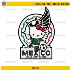 Hello Kitty Mexico Soccer PNG featuring Hello Kitty wearing a green Mexico-inspired football jersey with a soccer ball and Mexico football crest.