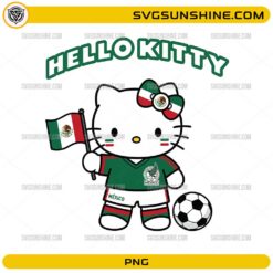 Hello Kitty Mexico Soccer PNG featuring Hello Kitty wearing a green Mexico-inspired soccer jersey, holding the Mexican flag with a soccer ball.