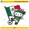 Hello Kitty Mexico Soccer PNG featuring Hello Kitty in a green Mexico-inspired soccer uniform kicking a soccer ball while holding the Mexican flag.
