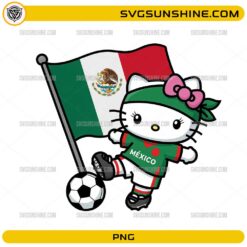 Hello Kitty Mexico Soccer PNG featuring Hello Kitty in a green Mexico-inspired soccer uniform kicking a soccer ball while holding the Mexican flag.