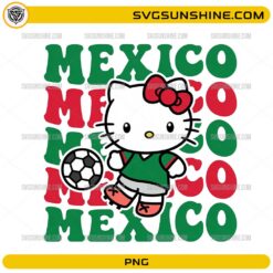 Hello Kitty Mexico Soccer PNG featuring Hello Kitty wearing a green Mexico-inspired football jersey with a soccer ball and retro Mexico typography background.