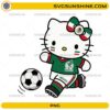 Hello Kitty Mexico Soccer PNG featuring Hello Kitty wearing a green Mexico-inspired football jersey while running with a soccer ball.