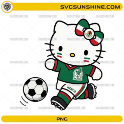 Hello Kitty Mexico Soccer PNG featuring Hello Kitty wearing a green Mexico-inspired football jersey while running with a soccer ball.