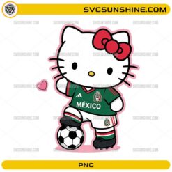 Hello Kitty Mexico World Cup 2026 PNG featuring Hello Kitty wearing a Mexico-inspired green soccer jersey standing with a soccer ball.