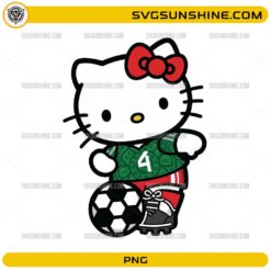 Hello Kitty Soccer PNG featuring Hello Kitty wearing a green Mexico-inspired football jersey with a soccer ball for sublimation projects.
