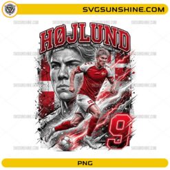 Hojlund Denmark Soccer PNG with number 9 football player artwork, red white colors, and dynamic striker design