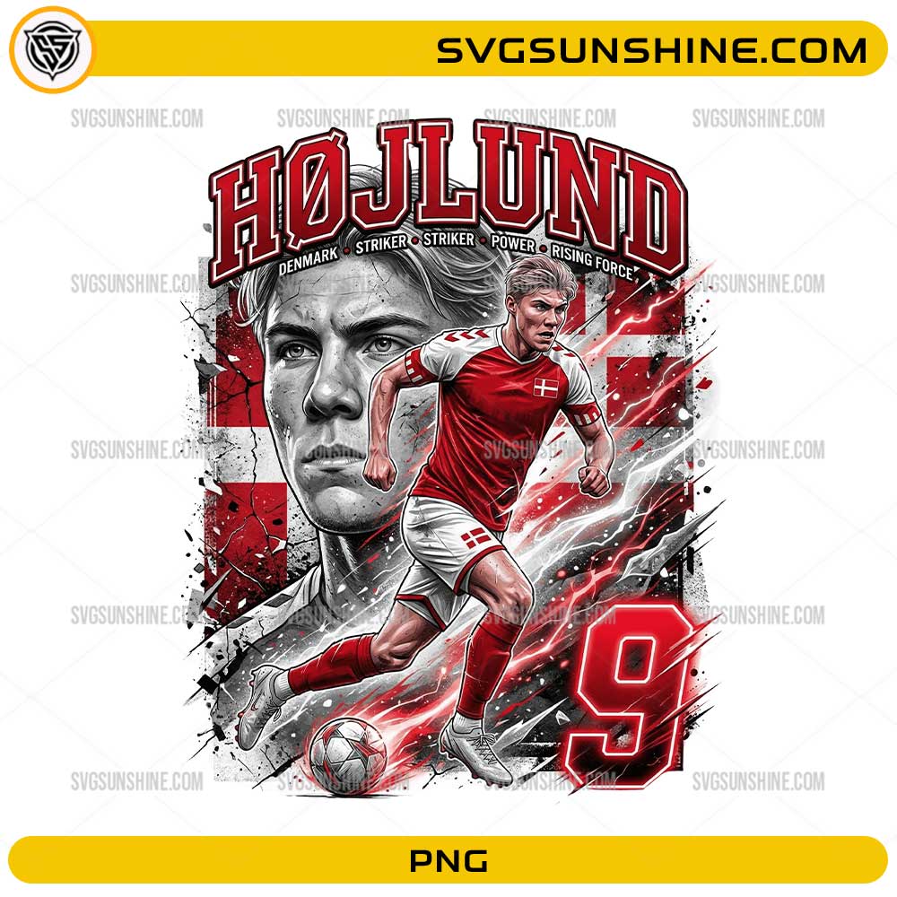Hojlund Denmark Soccer PNG with number 9 football player artwork, red white colors, and dynamic striker design