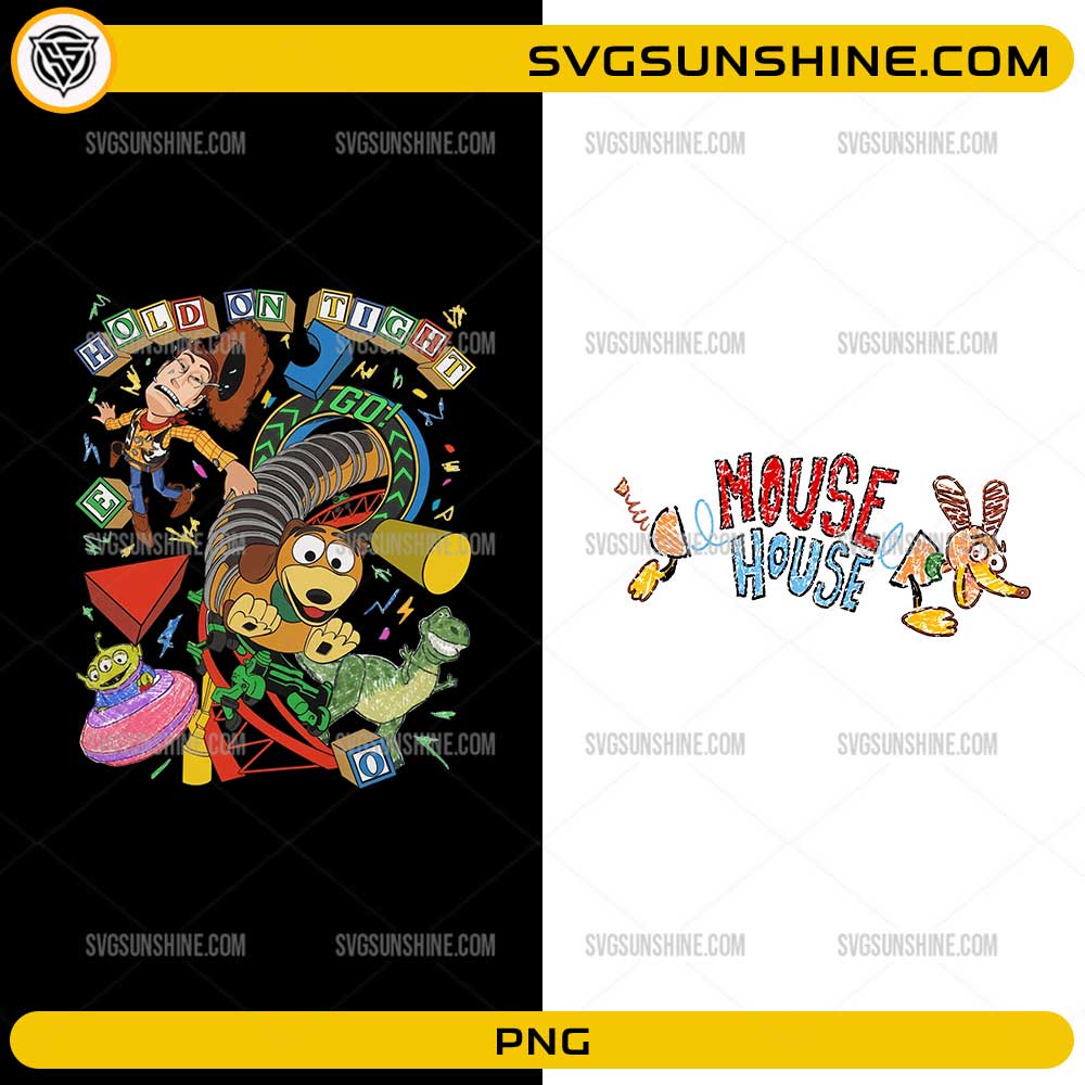 Hold On Tight Slinky Dog Toy Story PNG featuring colorful toy-inspired adventure artwork