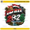 Iraq World Cup 2026 PNG with soccer ball, Iraqi flag colors, palm trees, river scenery, and landmark artwork