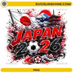 Japan World Cup 2026 PNG with soccer ball, Japanese flag, Mount Fuji, pagoda, and cherry blossoms