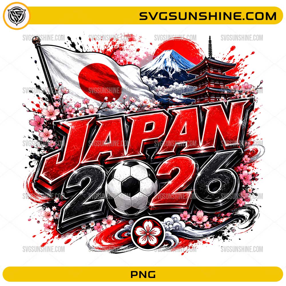 Japan World Cup 2026 PNG with soccer ball, Japanese flag, Mount Fuji, pagoda, and cherry blossoms