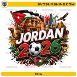 Jordan World Cup 2026 PNG with soccer ball, Jordan flag colors, desert scenery, camel, and landmark artwork