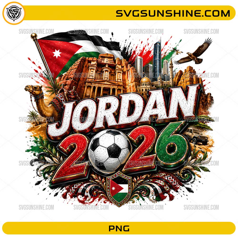 Jordan World Cup 2026 PNG with soccer ball, Jordan flag colors, desert scenery, camel, and landmark artwork