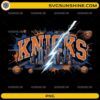 Knicks Basketball PNG featuring New York skyline, basketballs, and lightning sports design