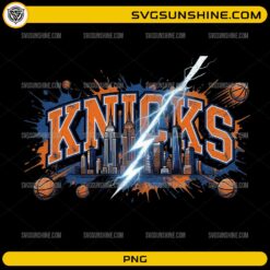 Knicks Basketball PNG featuring New York skyline, basketballs, and lightning sports design