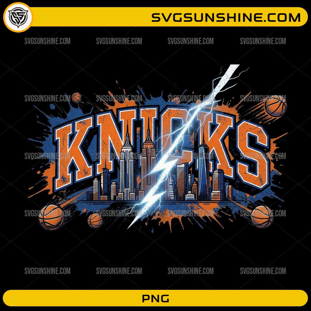 Knicks Basketball PNG featuring New York skyline, basketballs, and lightning sports design