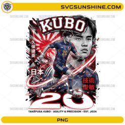 Kubo Japan World Cup 2026 PNG with number 20 jersey, action football pose, and Japanese text accents