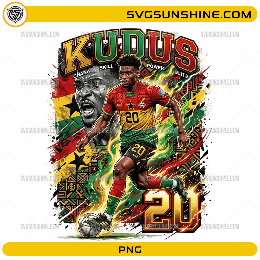 Kudus Ghana World Cup 2026 PNG with number 20 jersey and bold football fan art