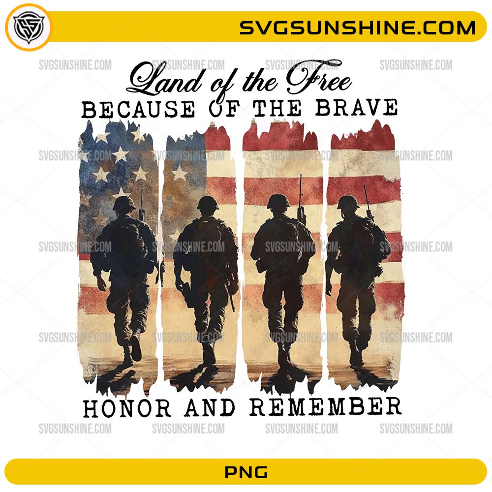Land Of The Free Because Of The Brave PNG with soldier silhouettes and American flag