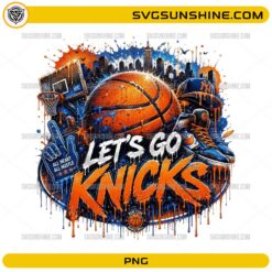 Let's Go Knicks PNG featuring basketball, city skyline, sneakers, hoop, and fan graphics