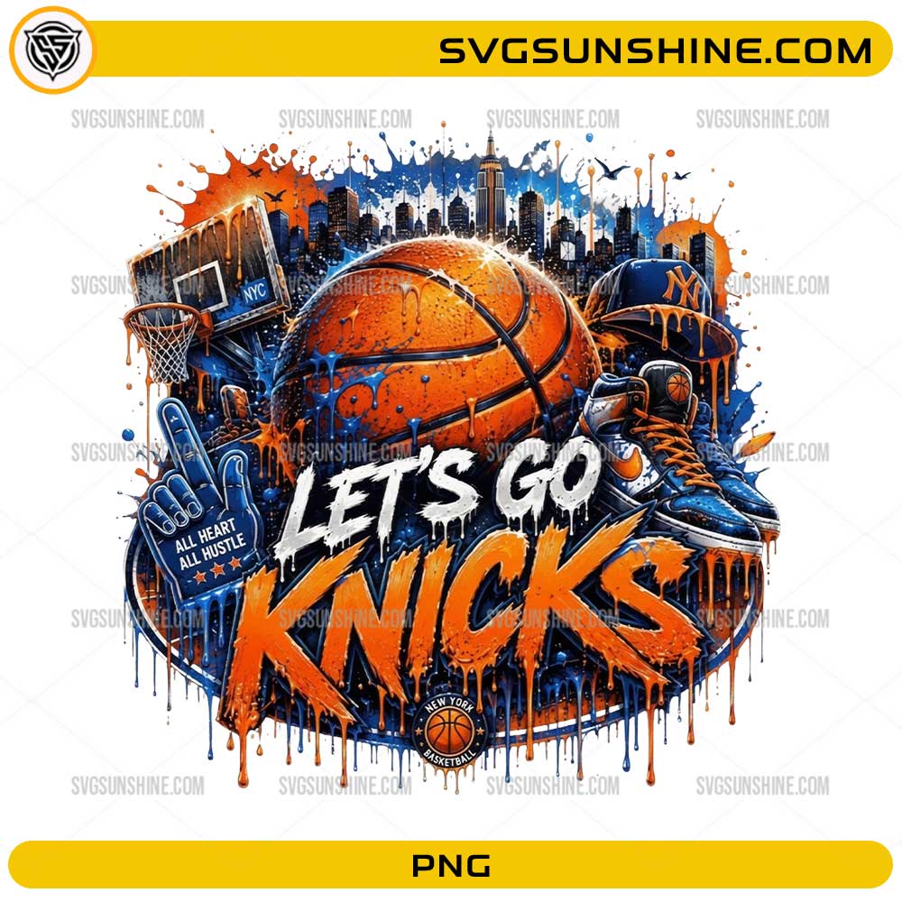 Let's Go Knicks PNG featuring basketball, city skyline, sneakers, hoop, and fan graphics