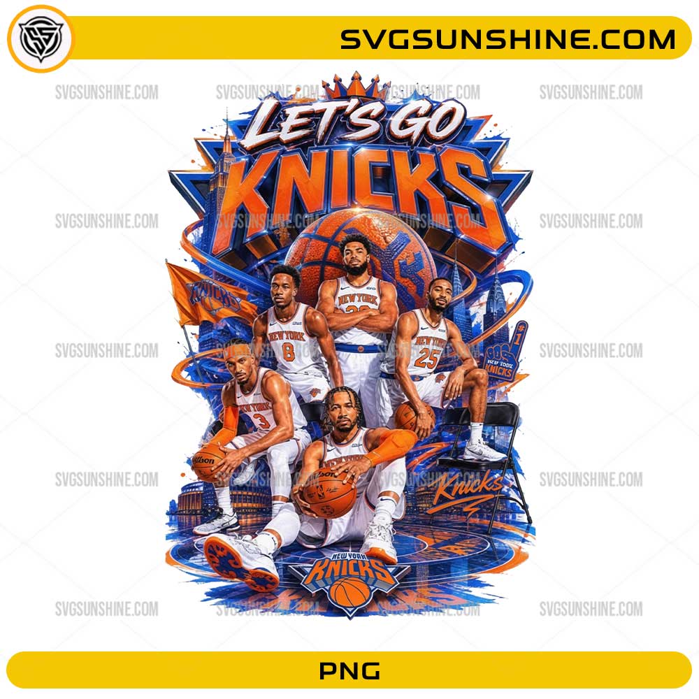Let's Go Knicks PNG featuring New York basketball team artwork with players and basketball graphics