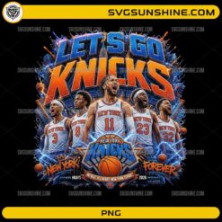 Let's Go Knicks PNG featuring New York basketball players, lightning effects, and team-inspired artwork
