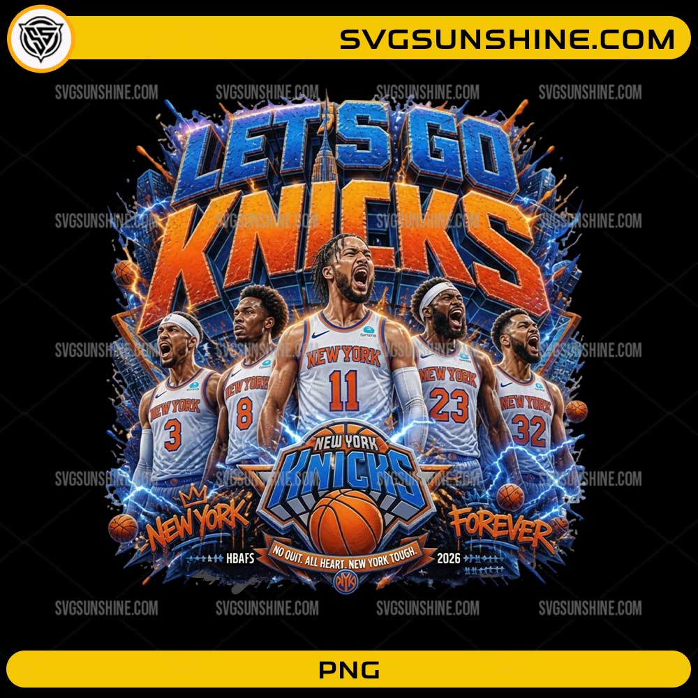 Let's Go Knicks PNG featuring New York basketball players, lightning effects, and team-inspired artwork