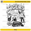 LSU Tigers PNG football collage with transparent background featuring Geaux Tigers typography, mascot, football helmet, and stadium