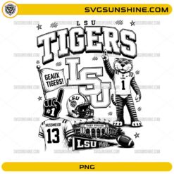 LSU Tigers PNG football collage with transparent background featuring Geaux Tigers typography, mascot, football helmet, and stadium