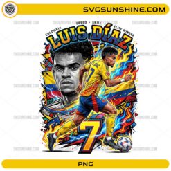 Luis Díaz Colombia Soccer PNG with number 7 football player artwork, yellow blue red colors, flames, and dynamic sports design