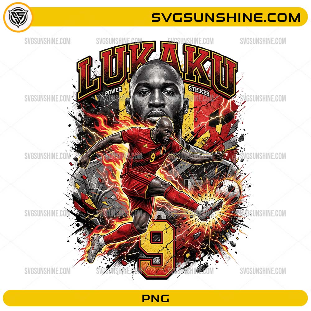 Lukaku Belgium Soccer PNG with number 9 striker artwork, red black yellow colors, and dynamic football design