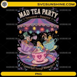Mad Tea Party Disneyland PNG featuring Alice, Mad Hatter and White Rabbit spinning teacups in Fantasyland vintage style