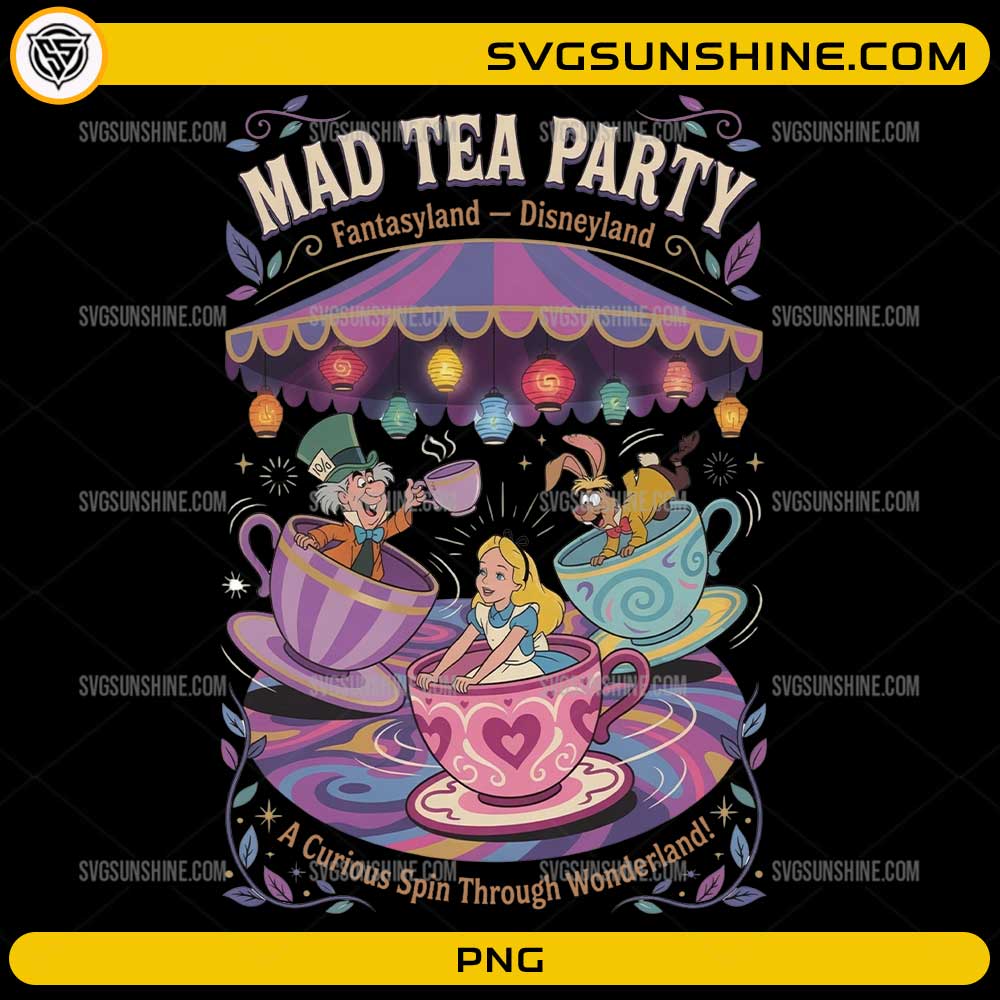 Mad Tea Party Disneyland PNG featuring Alice, Mad Hatter and White Rabbit spinning teacups in Fantasyland vintage style