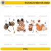 Mickey Fall Teddy Bear PNG featuring a teddy bear with Mickey ears, leopard mouse ears, autumn coffee, and Mickey pumpkins with transparent background.