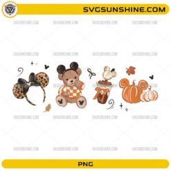 Mickey Fall Teddy Bear PNG featuring a teddy bear with Mickey ears, leopard mouse ears, autumn coffee, and Mickey pumpkins with transparent background.
