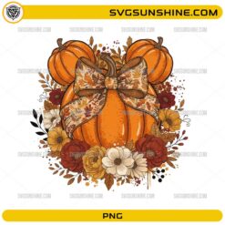 Mickey Pumpkin Floral Bow PNG with autumn pumpkins, floral arrangement, fall leaves, and transparent background for sublimation and DIY crafts.
