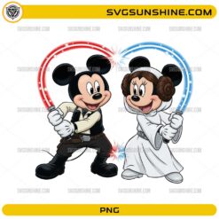 Mickey Star Wars PNG with cute space couple holding red and blue lightsabers