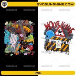 Monsters Construction Zone PNG Bundle featuring colorful monster characters, construction equipment, safety barricades, and funny sublimation artwork.