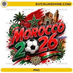 Morocco World Cup 2026 PNG with soccer ball, Moroccan flag colors, star emblem, and landmark artwork