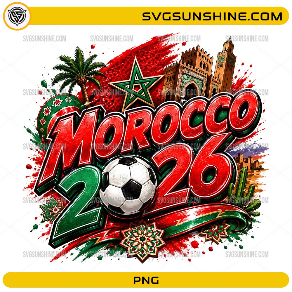 Morocco World Cup 2026 PNG with soccer ball, Moroccan flag colors, star emblem, and landmark artwork