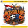 Netherlands World Cup 2026 PNG with soccer ball, Dutch flag colors, windmill, canal houses, and tulips