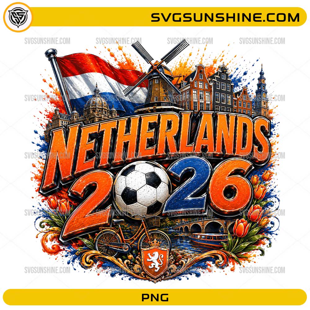 Netherlands World Cup 2026 PNG with soccer ball, Dutch flag colors, windmill, canal houses, and tulips