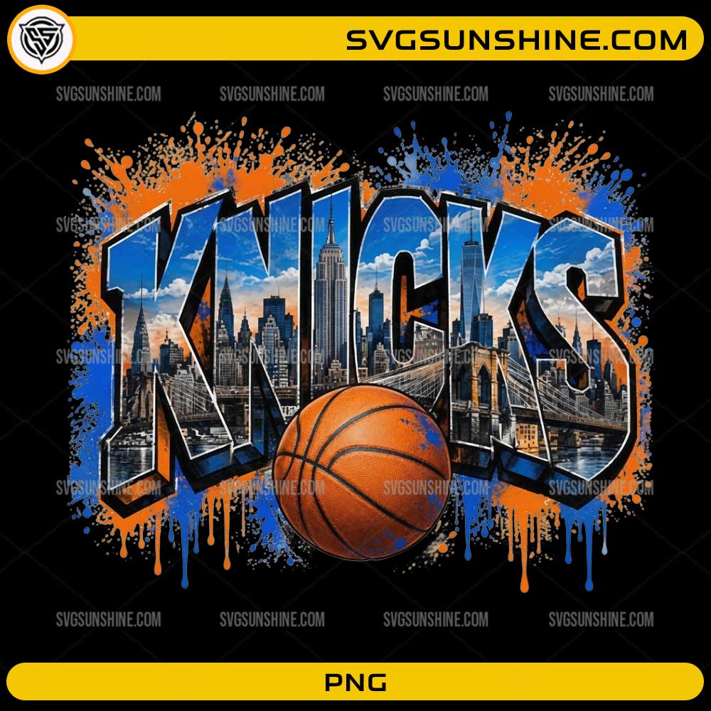 New York Knicks Graffiti PNG featuring city skyline, basketball, and street art typography