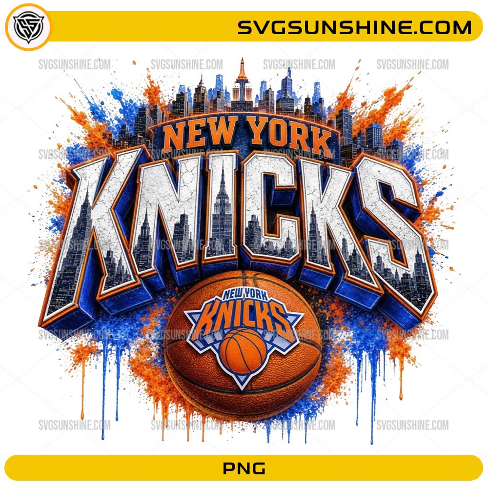 New York Knicks PNG basketball design featuring New York skyline and basketball artwork