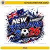 New Zealand World Cup 2026 PNG with soccer ball, flag colors, mountain scenery, skyline, and silver fern