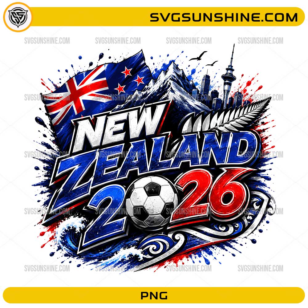 New Zealand World Cup 2026 PNG with soccer ball, flag colors, mountain scenery, skyline, and silver fern