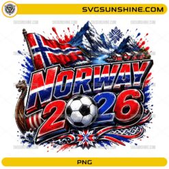 Norway World Cup 2026 PNG with soccer ball, Norwegian flag colors, mountains, fjord scenery, and Viking ship